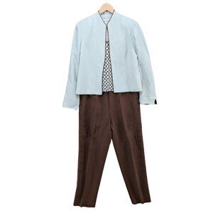 Vtg Jessica Howard 3 Pc Outfit Womens Blue Brown Linen Blazer Pants Top Size 12